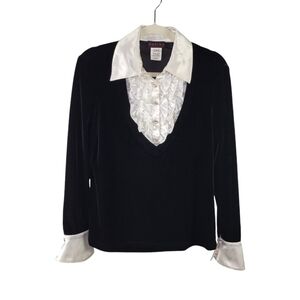 Marina Velvet Layered Ruffle Detail Long Sleeve Top Black & White Women's Size M